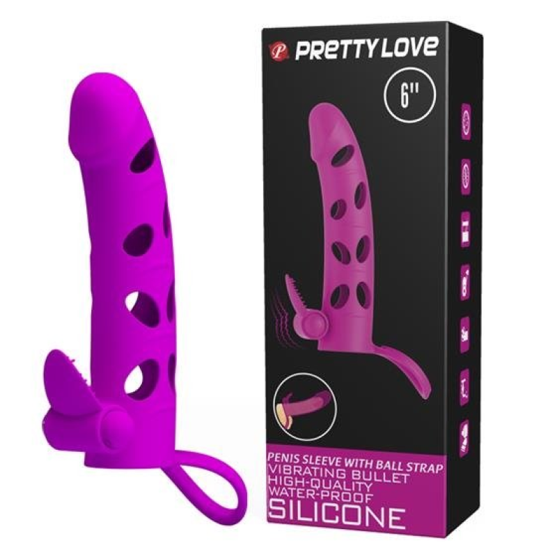 Насадка на член - Pretty Love Vibrating Penis Sleeve With Ball Strap 6" Purple