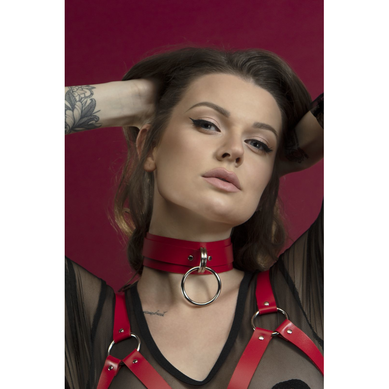 Чокер широкий з кільцем для повідця Feral Feelings Collar червоний, натуральна шкіра