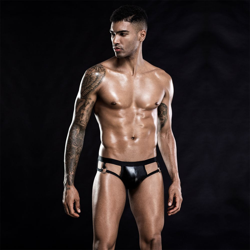 Чоловічі лакові трусики з відкритими сідницями JSY, One Size Black