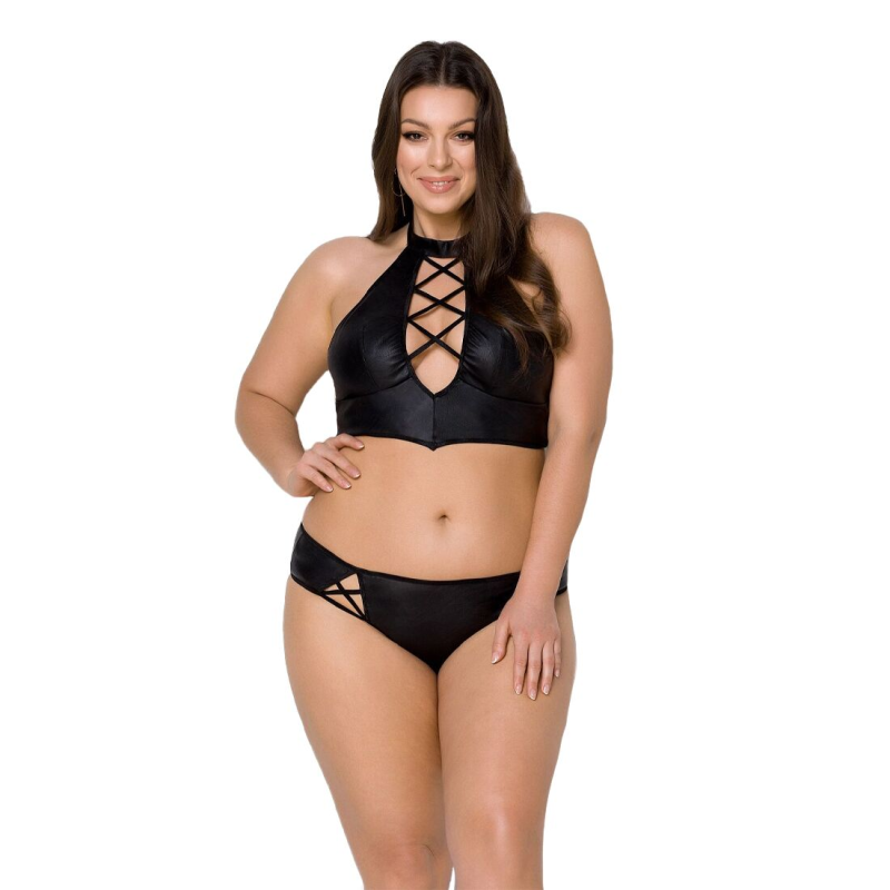 Комплект з екошкіри Passion Nancy Bikini 6XL/7XL, бра та трусики зі шнурівкою