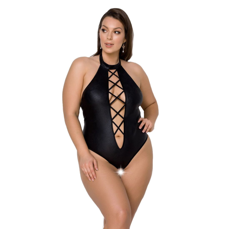 Боді з екошкіри Passion Nancy Body 4XL/5XL чорне з імітацією шнурівки та відкритим доступом