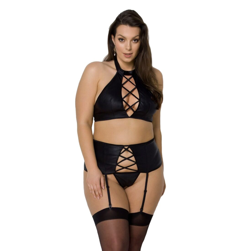 Комплект з екошкіри Passion Nancy Set 4XL/5XL, топ, стрінги та пояс для панчіх