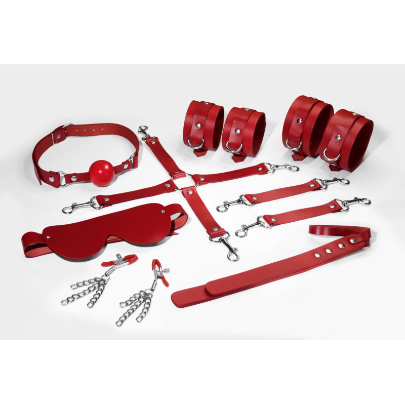 Набір для BDSM Feral Feelings BDSM Kit 7 Red (наручники, поножі, коннектор, маска, паддл, кляп, затискачі)