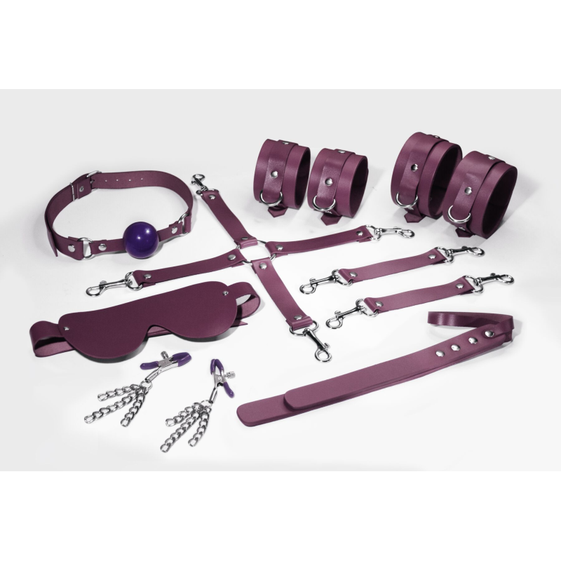 Набір для БДСМ Feral Feelings BDSM Kit 7 Burgundy (наручники, поножі, коннектор, маска, паддл, кляп, затискачі)