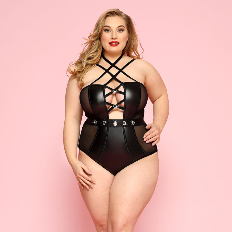 Боді JSY «Пристрасна Лорейн» Plus Size Black, екошкіра, люверси, шнурівка