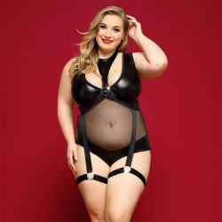 Боді з екошкіри JSY «Спокуслива Морган» Plus Size, чорне, сітка, портупея з гартерами