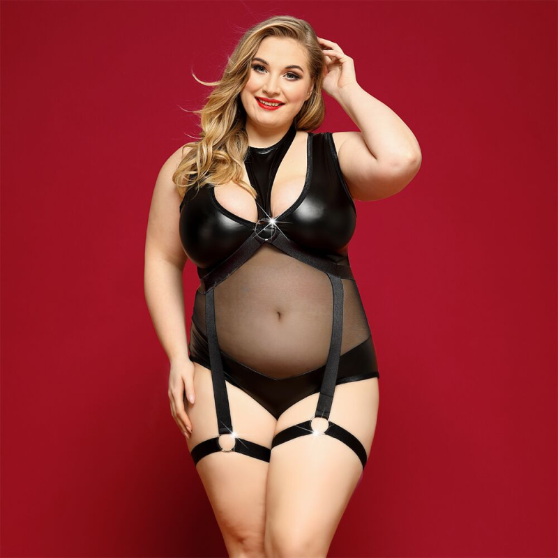 Боді з екошкіри JSY «Спокуслива Морган» Plus Size, чорне, сітка, портупея з гартерами
