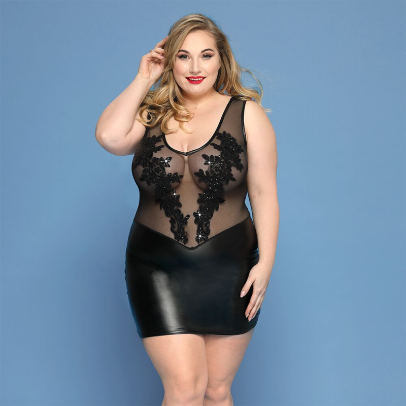 Плаття «Леді Софія» JSY Plus Size, чорне, сітка з вишивкою, екошкіра