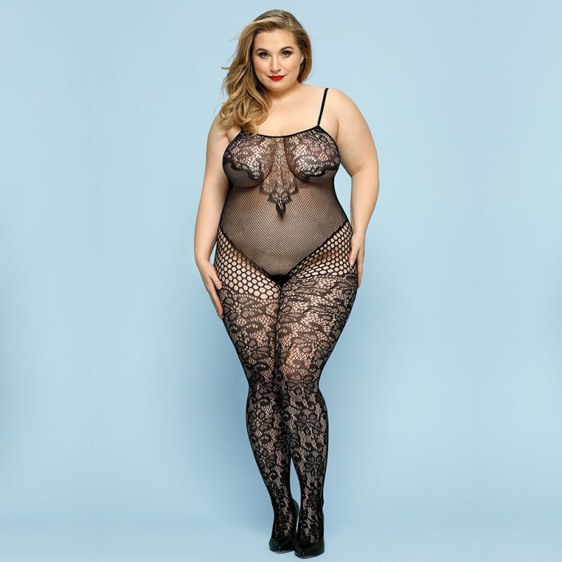 Бодистокінг JSY «Фатальна Скарлет» Plus Size, чорний, імітація боді з мереживом