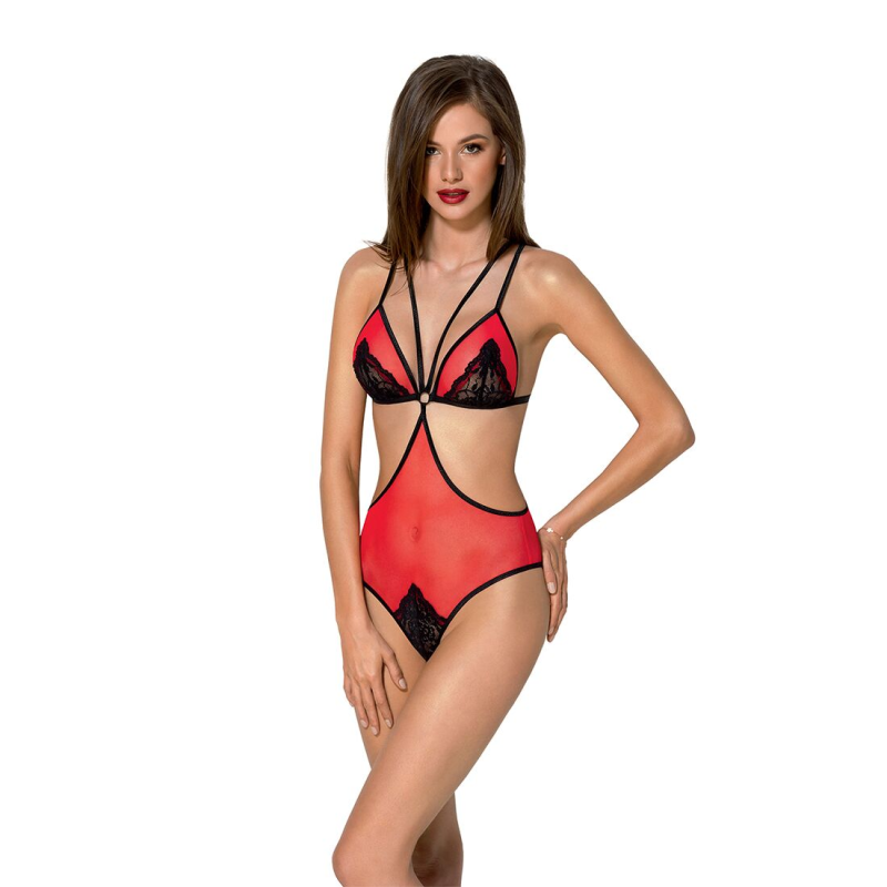 Боді напівпрозоре з мереживом Passion PEONIA BODY, розмір XXL/XXXL, червоне