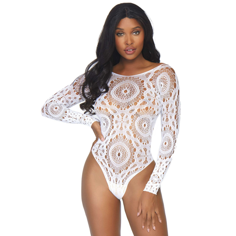 Боді-бодістокінг ажурне Leg Avenue Snap crotch thong back teddy, білий, S/M