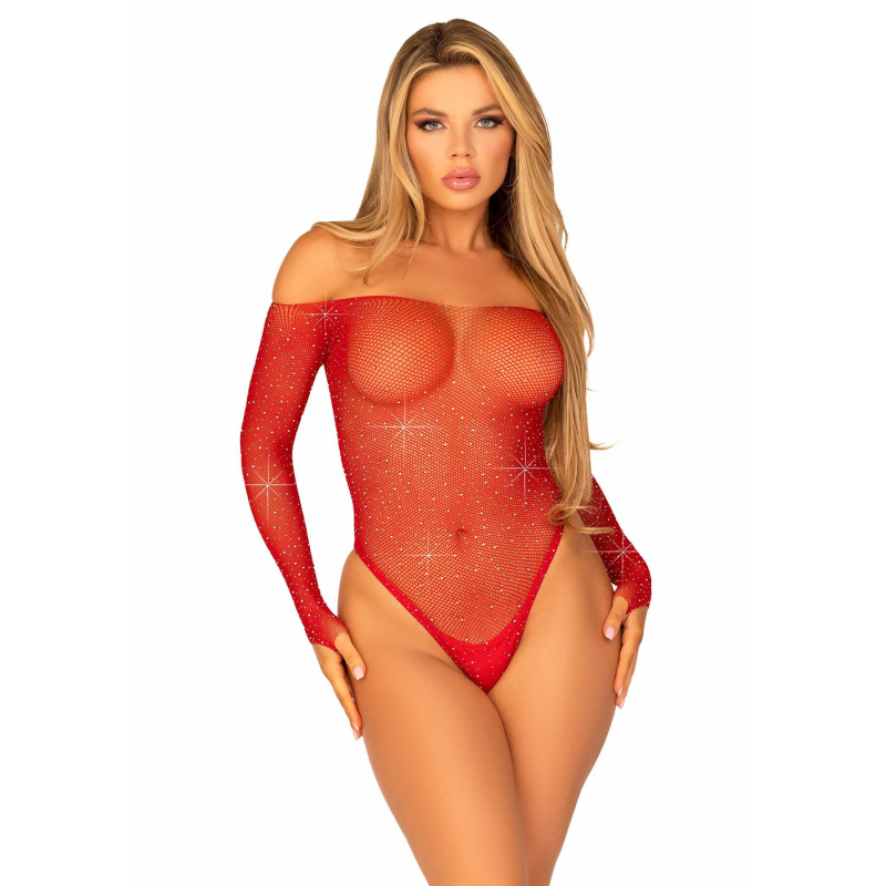 Сітчасте боді зі стразами Leg Avenue Crystalized, One Size, червоне