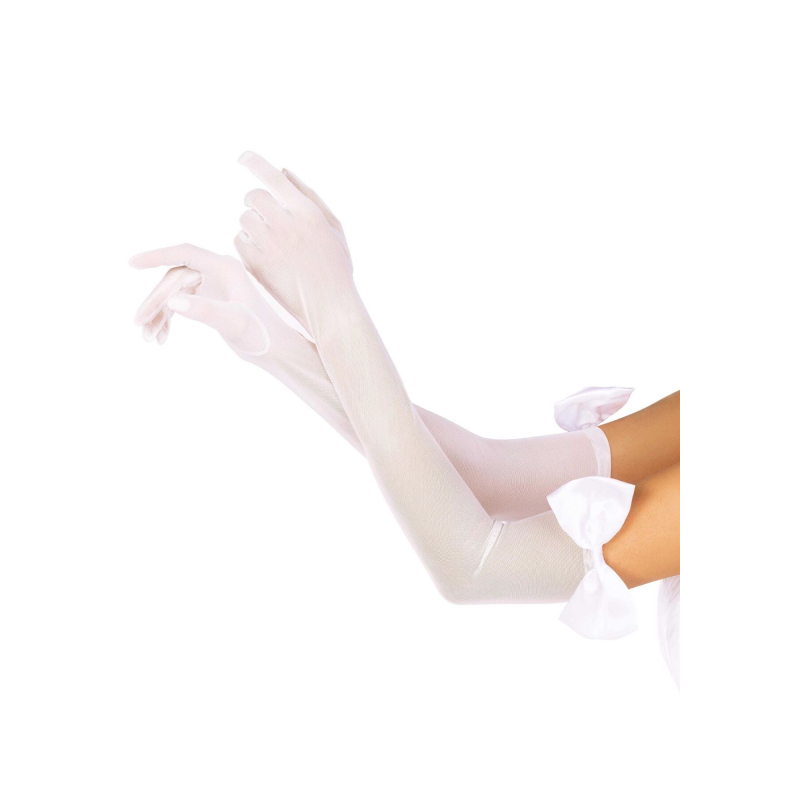 Довгі рукавички з бантом Leg Avenue Opera Length Bow Top Gloves, білі напівпрозорі