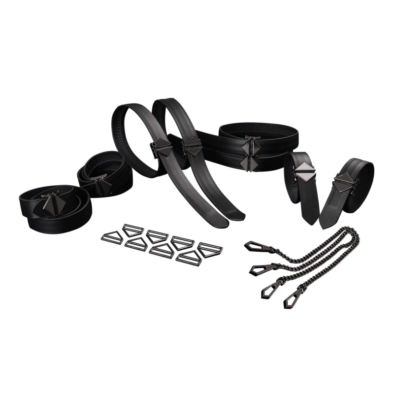 Набір для бондажу LOCKINK 8-Bondage-Straps Restraint Set, 8 ременів зі шкіри, чорний