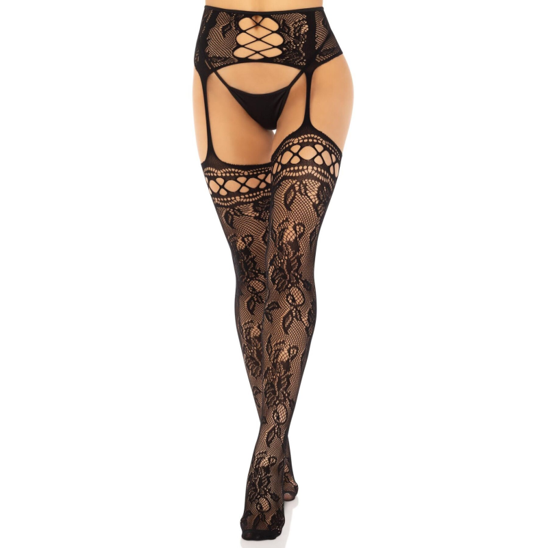 Панчохи Leg Avenue French Rose Backseam Garter Belt Stockings, чорні, One Size