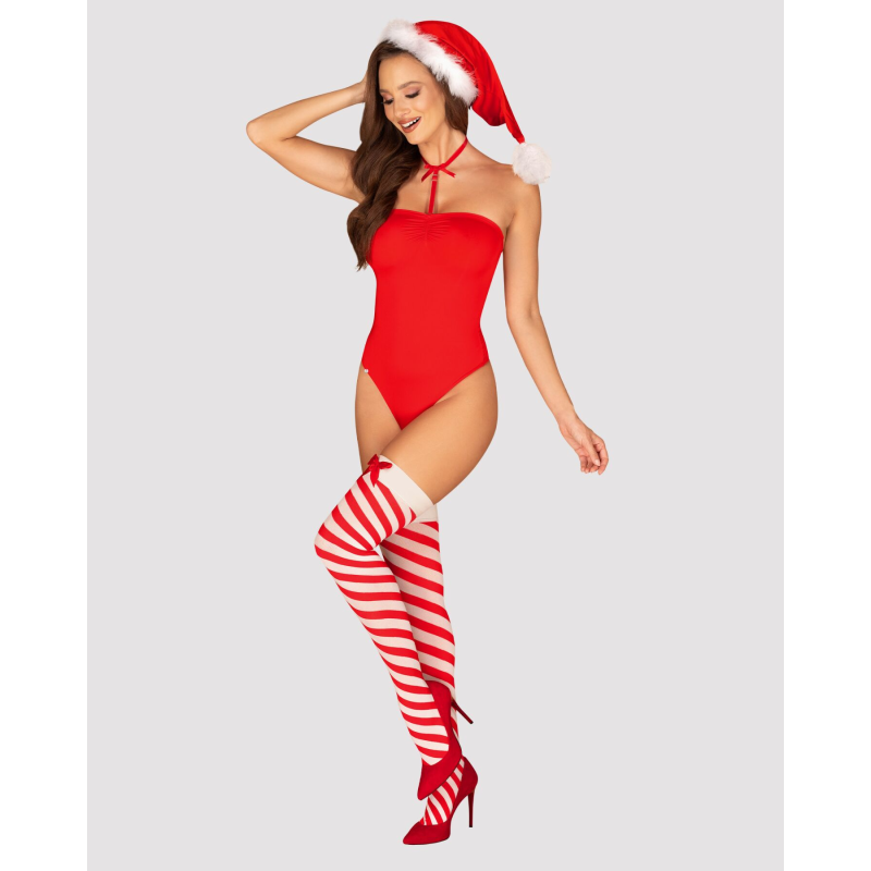 Тедді Obsessive Kissmas teddy, L/XL, червоне, з чокером, панчохами та шапкою з помпоном